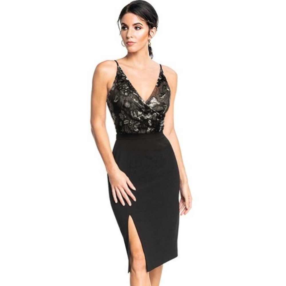 NEW! Dress the Population Giulia Wrap Front Sequin Side-Slit Dress Size Large